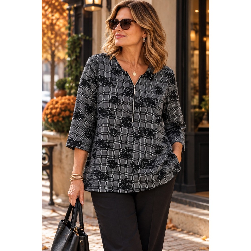 Chico's Plaid Floral Half Zip Tunic Top Black Gray Size 3 XL